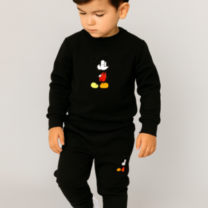 Black Mickey Mouse Printed Kids Tracksuit | Winter Fleece Sweatshirt & Trouser Set for Boys & Girls – Warm & Stylish Out