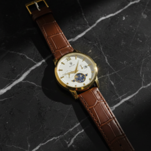 Luxury Men's Skeleton Watch - Gold Tone Case with Open-Heart Movement & Embossed Leather Strap - Classic Business Analog