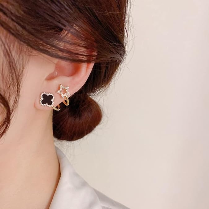 imgi_114_51lf65AO4L._SY675_ Sparkling Clover Star Earrings – Gold Plated Fashion Jewelry with Black Enamel & Crystal Detailing ( PXJ-107)
