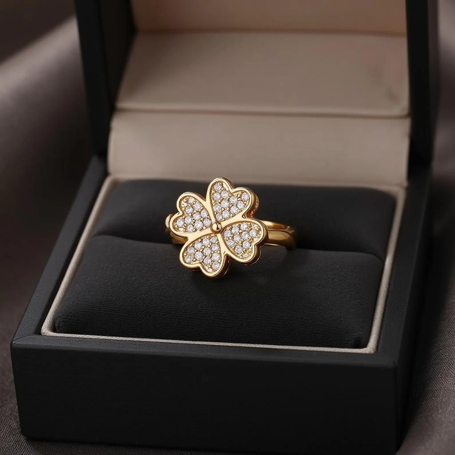 imgi_144_il_1588xN.6836657987_mbeu Clover Zircon Rotating Ring – Silver & Golden, Adjustable Spinner Ring for Women (PWJ-111) - Image 4