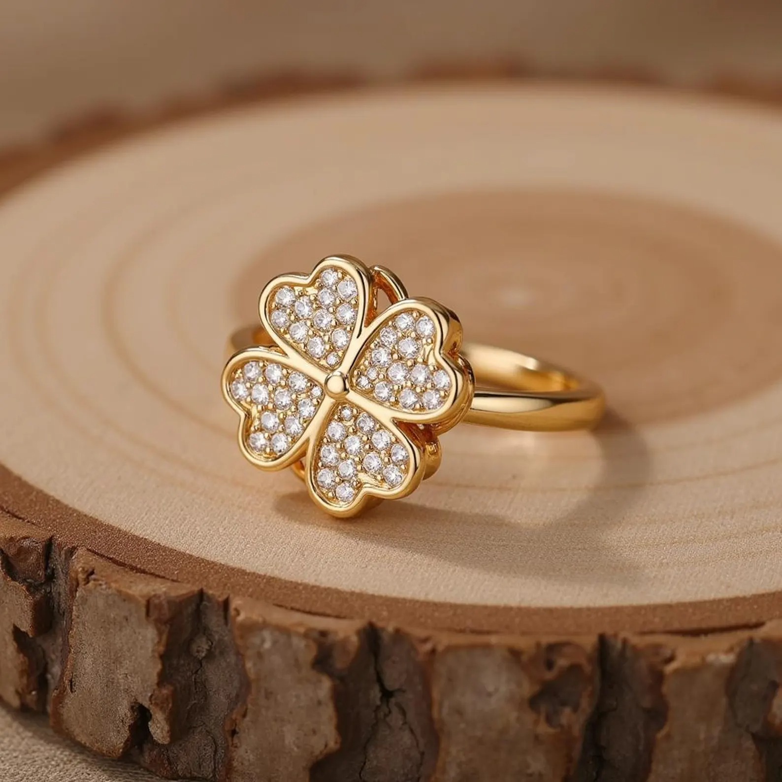 imgi_146_il_1588xN.6836657993_pdlk Clover Zircon Rotating Ring – Silver & Golden, Adjustable Spinner Ring for Women (PWJ-111) - Image 3