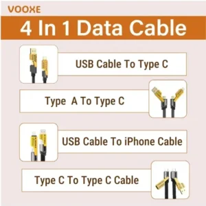 4 in 1 Data Cable – USB-C & Lightning Connectors, Braided Durable Design, Fast Charging & Data Transfer, Black with