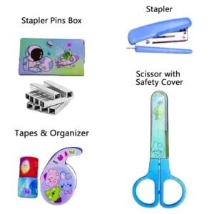 Space-Themed Stationery Set for Students and Office Use – 6-Piece Desk Organizer Kit with Stapler, Staple Pins, Scissors