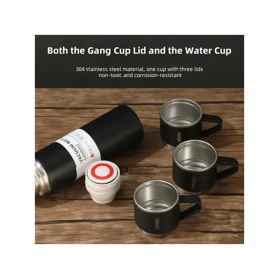 imgi_40_vaccum-flask-gift-set-600 500ml Stainless Steel Vacuum Flask Water Bottle with 2 Extra Cups (160ml) – Thermal Bottle for Hot & Cold Drinks – 3 - Image 4