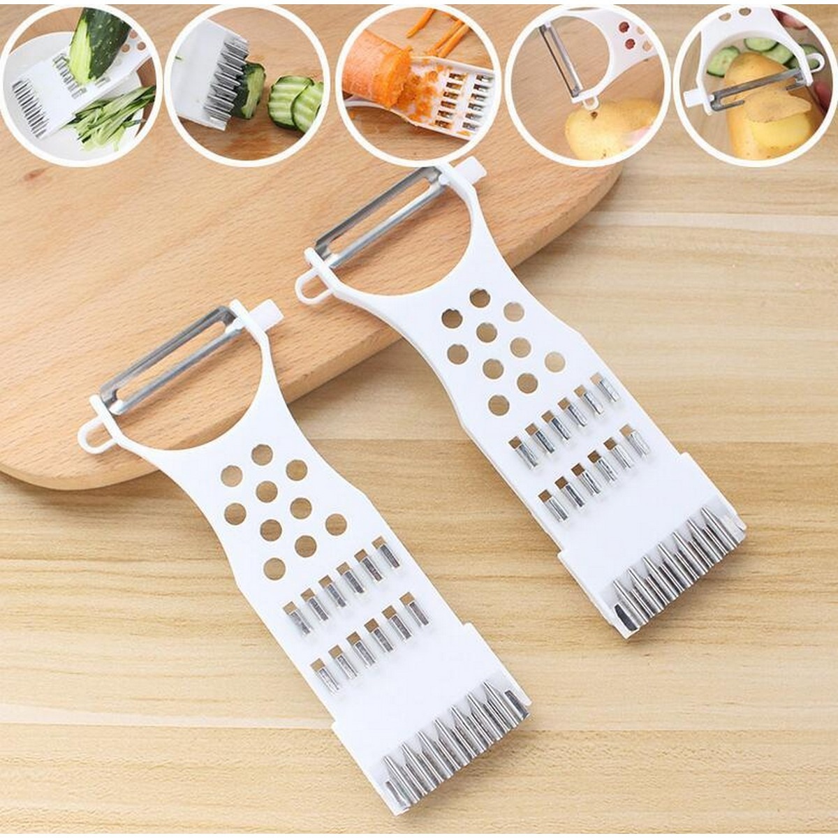 imgi_52_c9c062133b82572e44f357116db27c0b 5-in-1 Multi Vegetable Cutter & Peeler – Multipurpose Julienne Slicer, Grater, Metal Scraper, and Fruit & Vegeta - Image 2