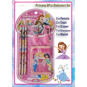 8 Pcs Disney Stationery Gift Set for Kids – Includes Pencils, Eraser, Sharpener, Pencil Caps & Wallet (Random Charac