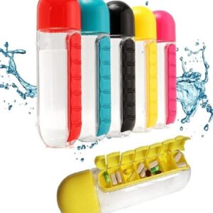 2-in-1 Medicine Organizer with Water Bottle – 7 Days Pill Box, 600ml BPA-Free Drinking Bottle, Removable Cup, Compact Tr