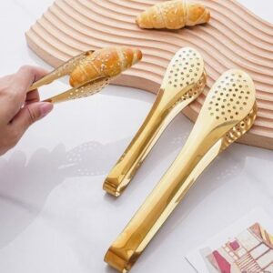 Mini Stainless Steel Food Serving Tong – 6 Inch Strainer Tong with 28-Hole Flat Head for Salad, Ice Cubes, Pastries, Fry
