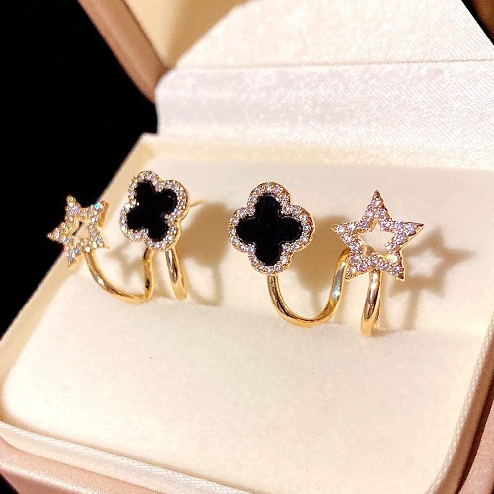 imgi_84_61-CZ1mg4yL._SL1001_ Sparkling Clover Star Earrings – Gold Plated Fashion Jewelry with Black Enamel & Crystal Detailing ( PXJ-107) - Image 2