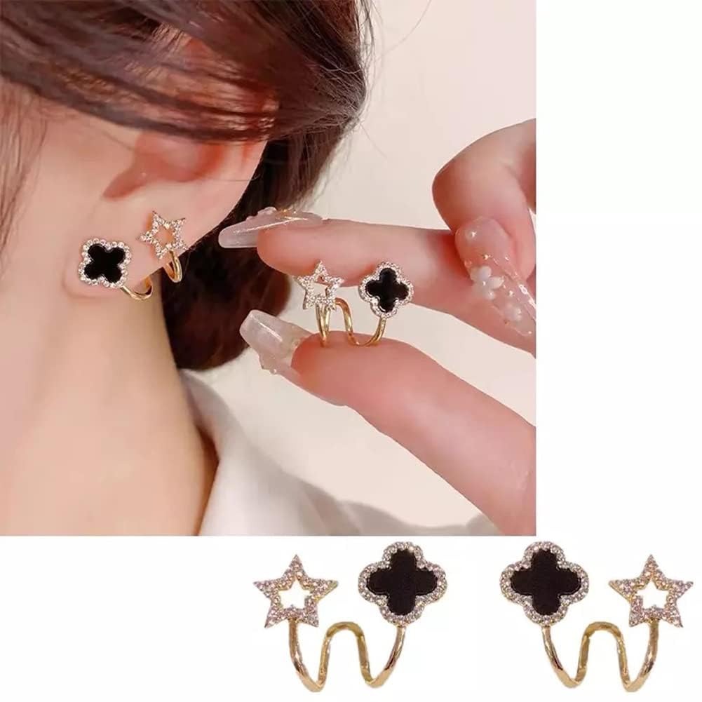 imgi_87_51S61o66YiL._SL1001_ Sparkling Clover Star Earrings – Gold Plated Fashion Jewelry with Black Enamel & Crystal Detailing ( PXJ-107) - Image 4