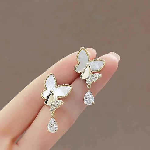 j32 Double Butterfly Hanging Pearl Earings / Earrings Women's Earrings for Gift / for girls - Image 2