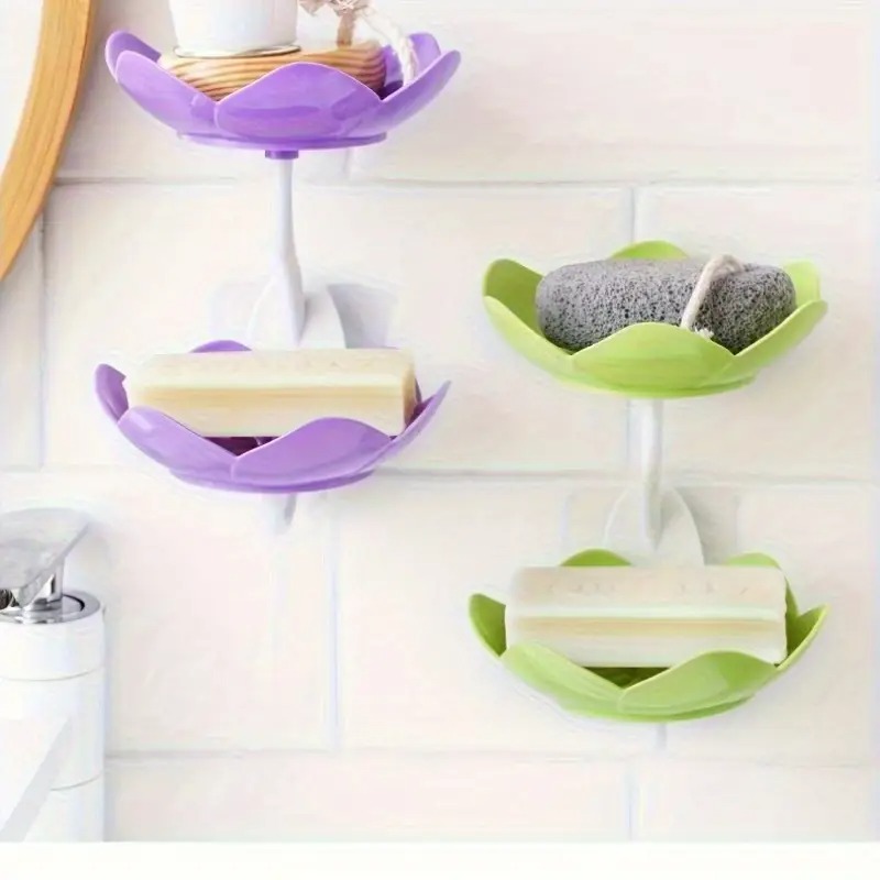 Multicolor Lotus Flower Soap Holder, Double Layer Wall-Mounted, No-Drill with Drainage, Quick-Dry Plastic Bathroom Organ