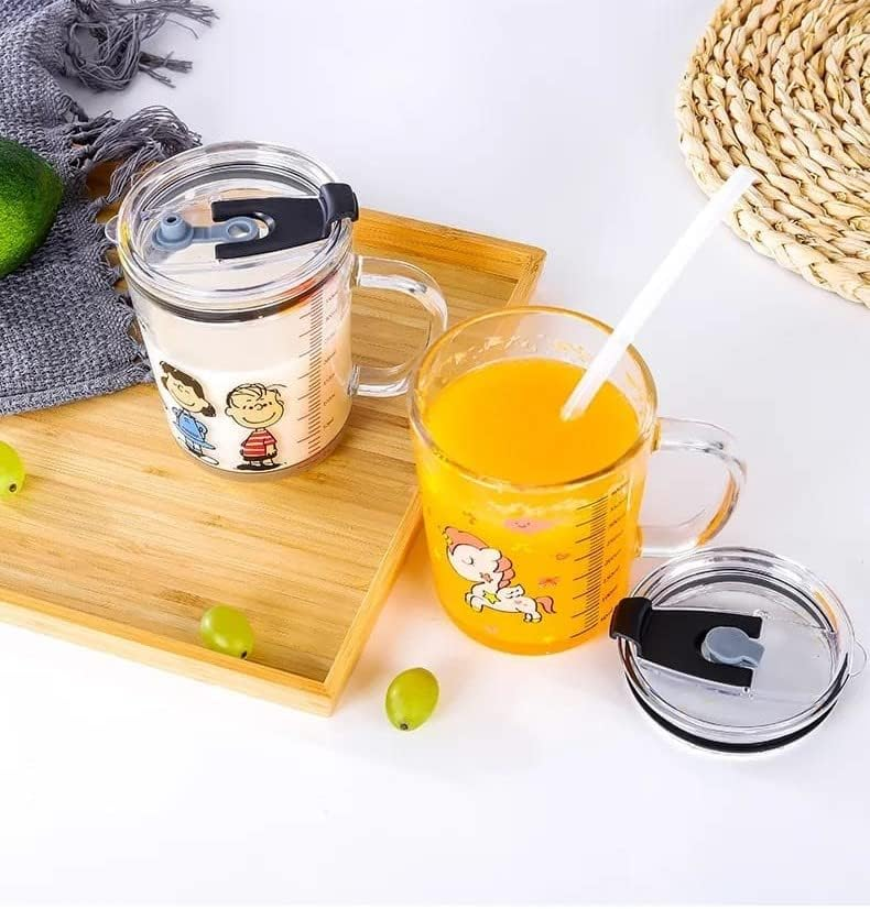 Unicorn Shape 350 ML Glass Mug with Straw and Lid Creative Cartoon Children's Glass Milk Cup Juice Glass Drink Ware Wate