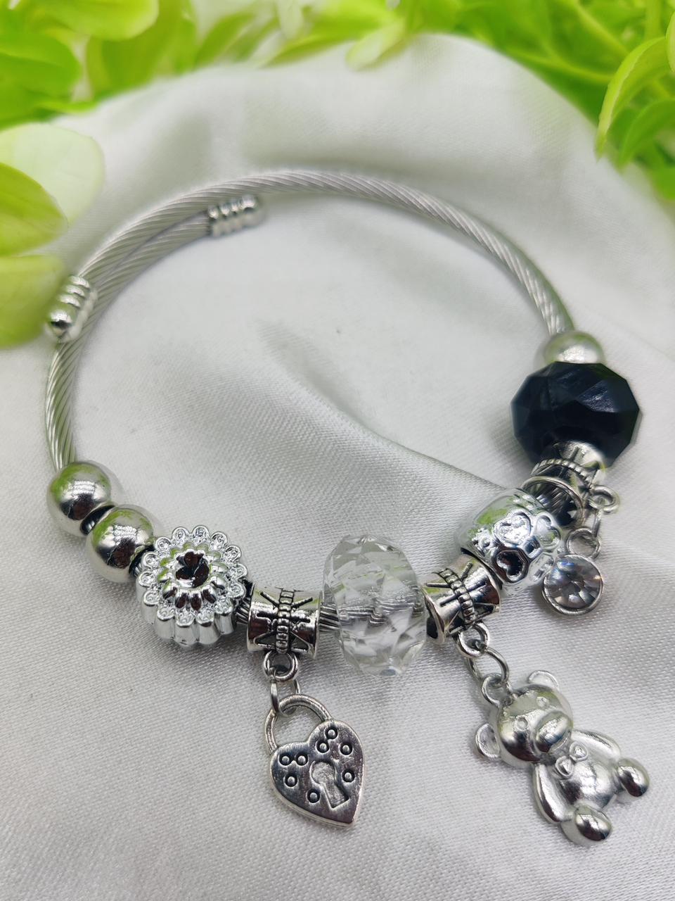 1 Piece Imported Pandora-Inspired Silver Charm Bracelet – Heart & Teddy Accents | Best Quality Bracelet For Girls &a