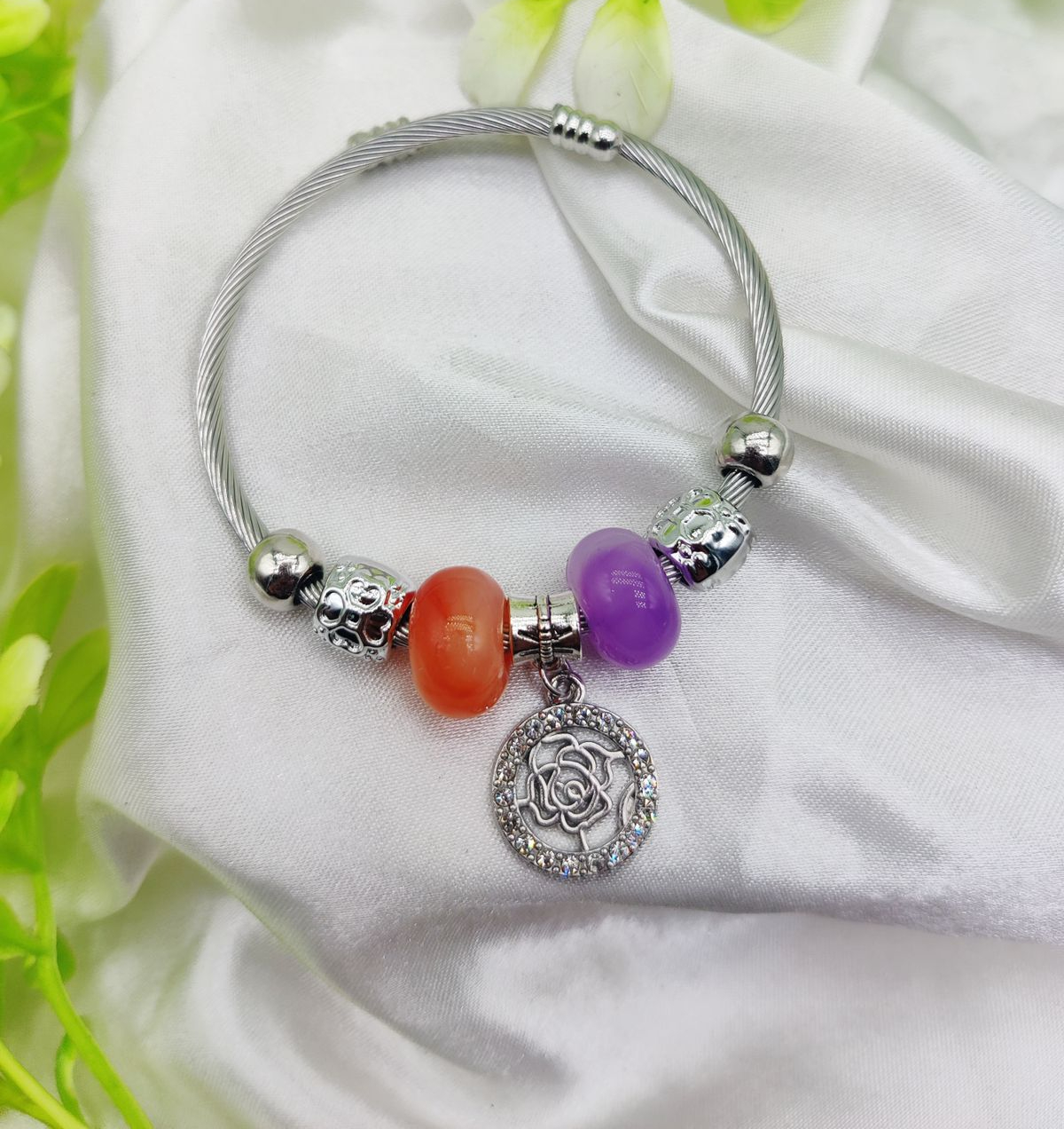 1 Piece Imported Elegant Pandora Bracelet with Rose Charm and Beaded Accents | Best Quality Bracelet For Girls & Wom