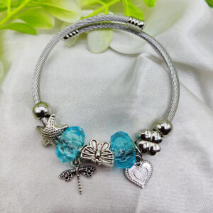 Imported Elegant Pandora-Inspired Silver Charm Bracelet with Ocean Blue Beads & Delicate Charms| Best Quality Bracel