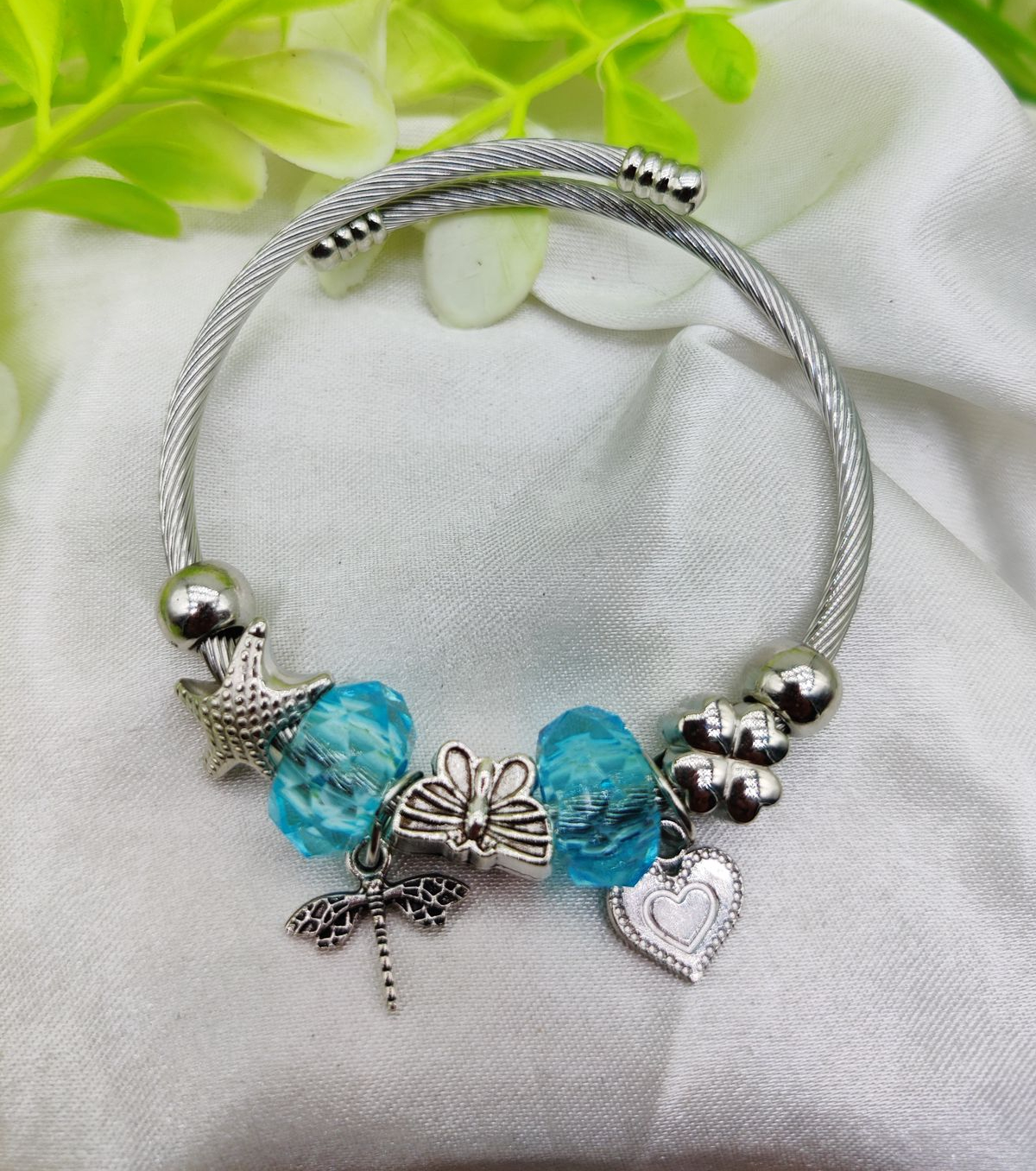 Imported Elegant Pandora-Inspired Silver Charm Bracelet with Ocean Blue Beads & Delicate Charms| Best Quality Bracel