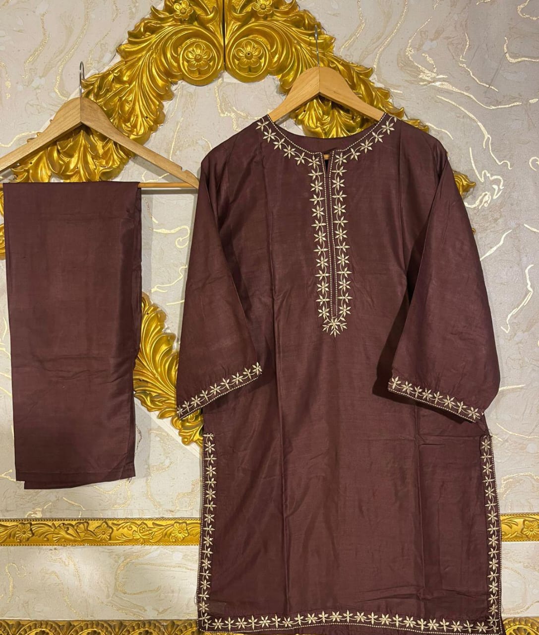 2pcs Stitched Suits 2 Pcs Elegant Women's Stitched Embroidered Linen Shirt And Trouser - Black, Medium