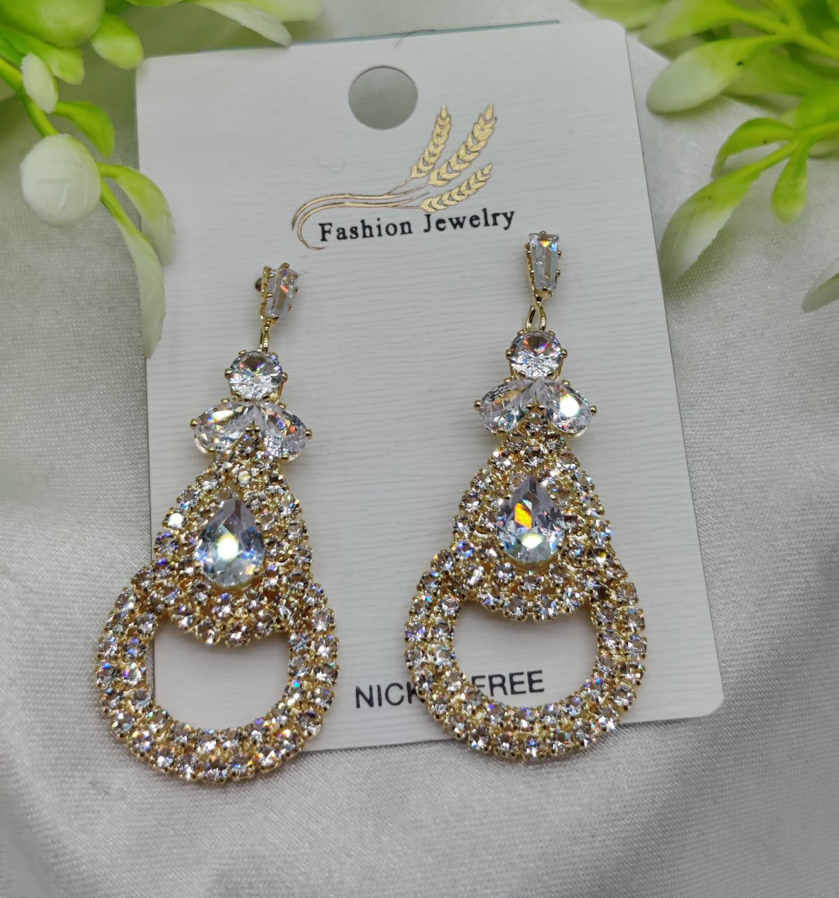 Imported Glamorous Crystal-Studded Teardrop Earrings – Nickel Free Earrings - Luxurious Gold Finish | Best Quality Artif
