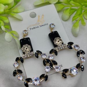 Imported Elegant Floral Hoop Earrings with Black and Crystal Accents | Best Quality Earrings For Girls & Women | Lux