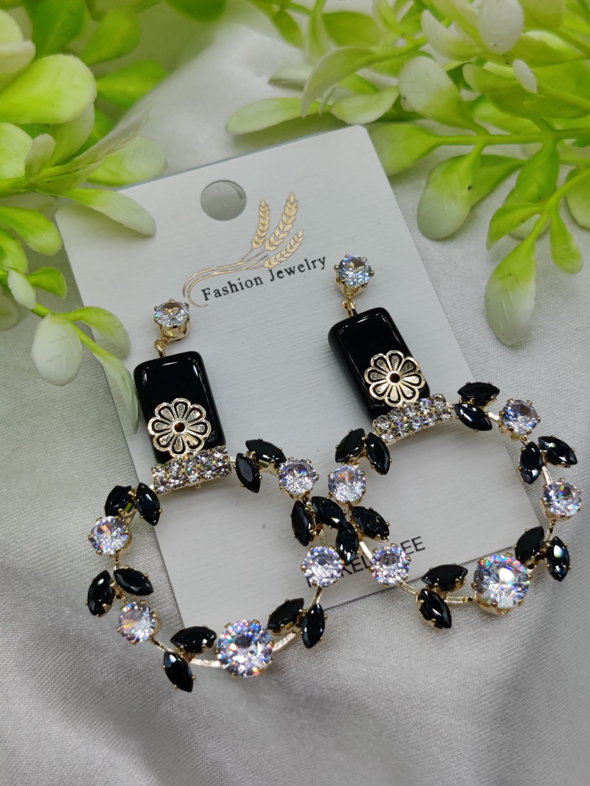 Imported Elegant Floral Hoop Earrings with Black and Crystal Accents | Best Quality Earrings For Girls & Women | Lux