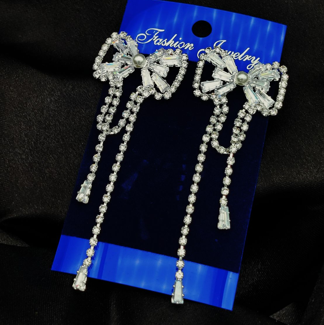 Imported Tarnish-Free Silver Sparkling Long Statement Earrings for Glamorous Evenings | Best Quality Earrings For Girls