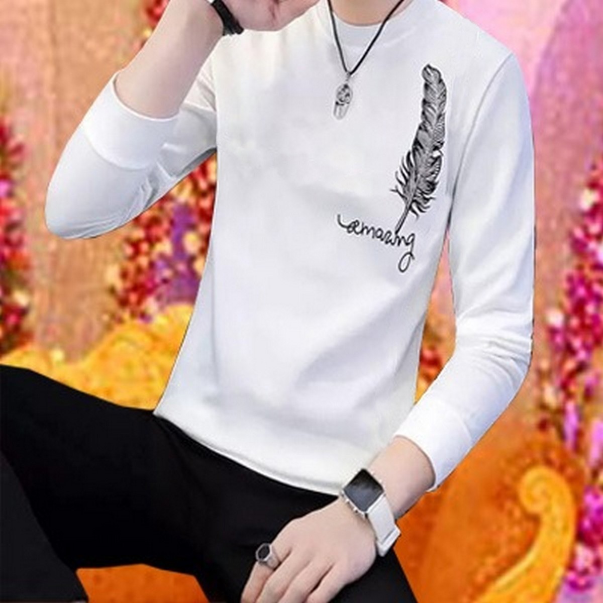 Men's Stylish Leaf Print Full Sleeves T-Shirt - Latest Designer Summer Collection | Premium Stitched Party & Casual