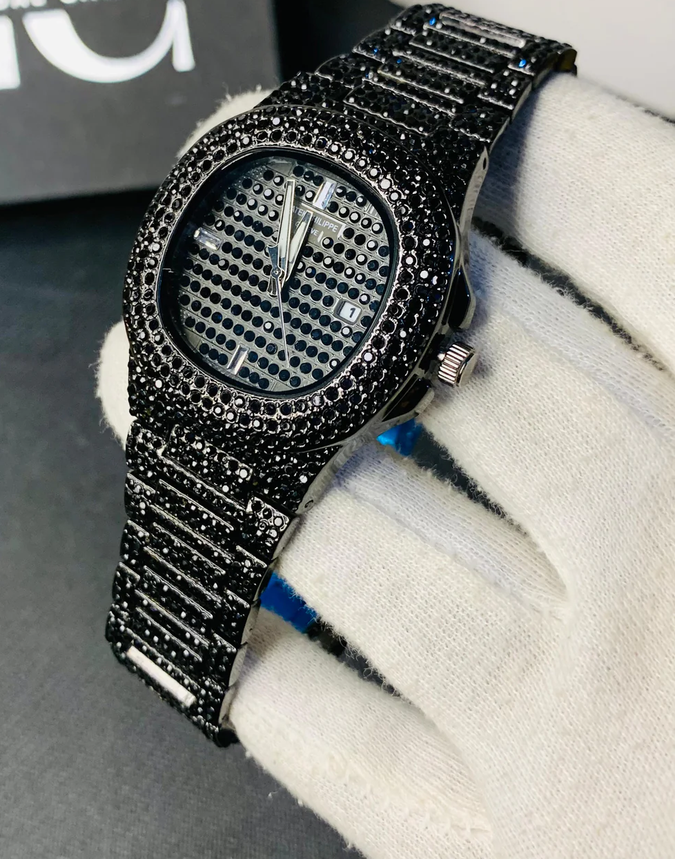 NEW Watch Collection Black Stone / Blacked Iced Out Stain-Less Steel Chain Watch For Mens Fashion (Black Without Box)