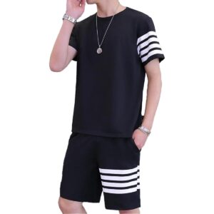 Black Color Trendy LINE Printed Tracksuit for Men | Cotton T-Shirt & Shorts | Summer Casual Wear | Gym & Elegant