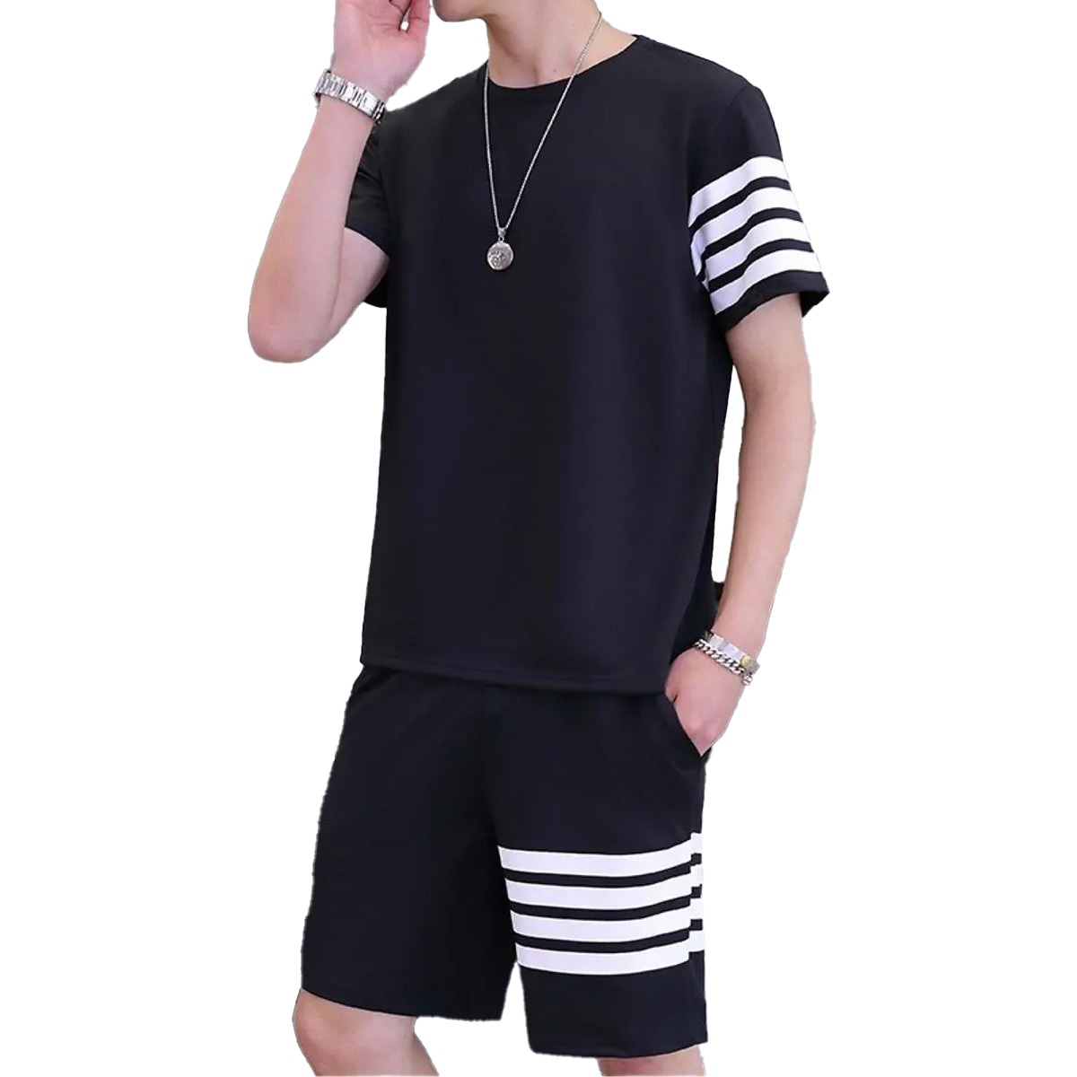 Black Color Trendy LINE Printed Tracksuit for Men | Cotton T-Shirt & Shorts | Summer Casual Wear | Gym & Elegant
