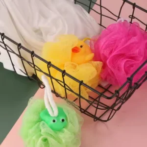Kids Bath Sponge Ball - Bath Loofah Mesh Pouf Shower Exfoliator Scrubber Bath Foaming Ball Loofah with Soft Toy (random