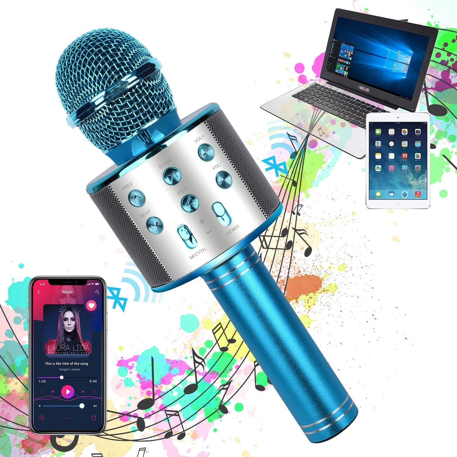 Bluetooth Handheld Karaoke Speaker Player Machine for Kids Adults Home KTV Party for Android/Iphone/Ipad/Pc (Random Colo
