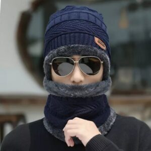 Winter Cap and neck Elastic Knitting Thick Fleece Warm Woolen Beanie Cap Sport Hat & Neck Scarf Set 2 Piece(Random c