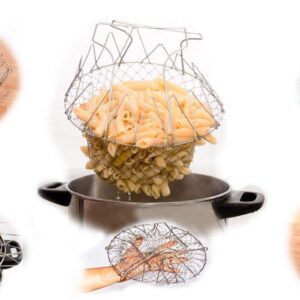 STAINLESS STEEL MULTI-FUNCTIONAL FOLDABLE COOKING Chef Basket Deluxe Kitchen Colander, MESH STEAM RINSE STRAIN FRY BASKE