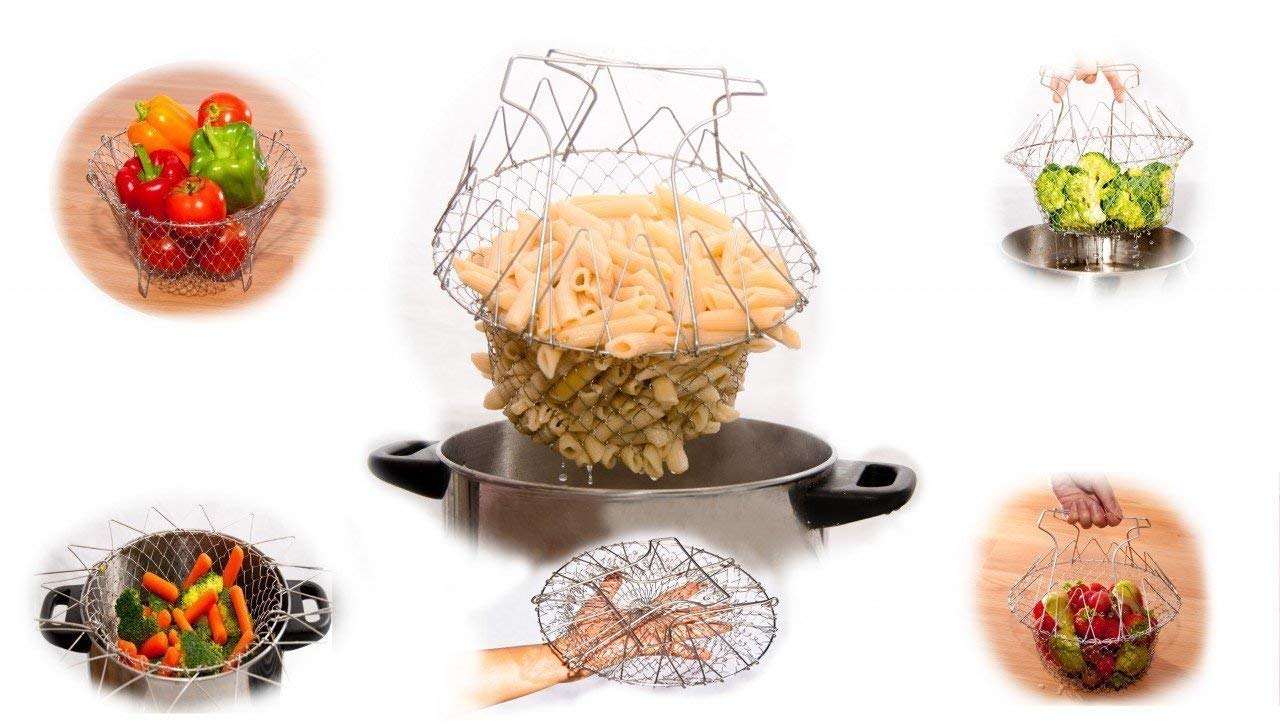 STAINLESS STEEL MULTI-FUNCTIONAL FOLDABLE COOKING Chef Basket Deluxe Kitchen Colander, MESH STEAM RINSE STRAIN FRY BASKE