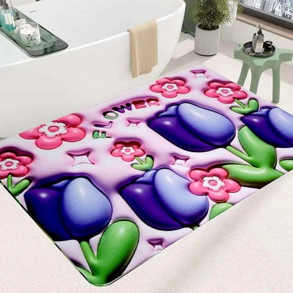 3D Printing Soft Mat Cut Flower Design Anti Slip Floor Door Mat Water Absorb for Bathroom, Kitchen or Room (Random color