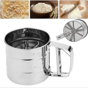 Flour Sifter, Stainless Steel Sifter for Baking, Double Layer Fine Mesh Baking Sifter, One Hand Press Crank Sifter for P
