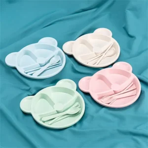 5 Pcs Bear Plate Set - Cartoon compartment dinner plate | Includes Divided Plate, Fork & Spoon, Perfect For Toddlers
