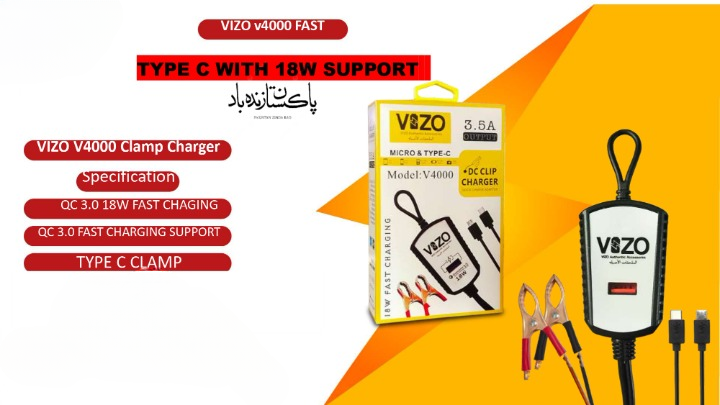 V4000 Dual Cable Clip Charger | Best Quality Type C Charger - 18W Charger - Vizo Charger | DC Clip Charger with Micro &a