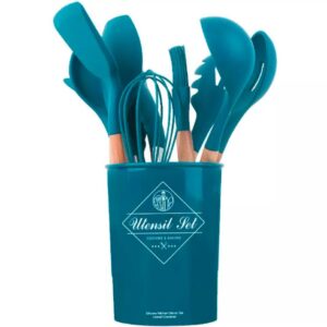 12 pcs set Wooden Handle Silicone Kitchen Utensils With Storage Bucket High Temperature Resistant And Non Stick Pot Spat