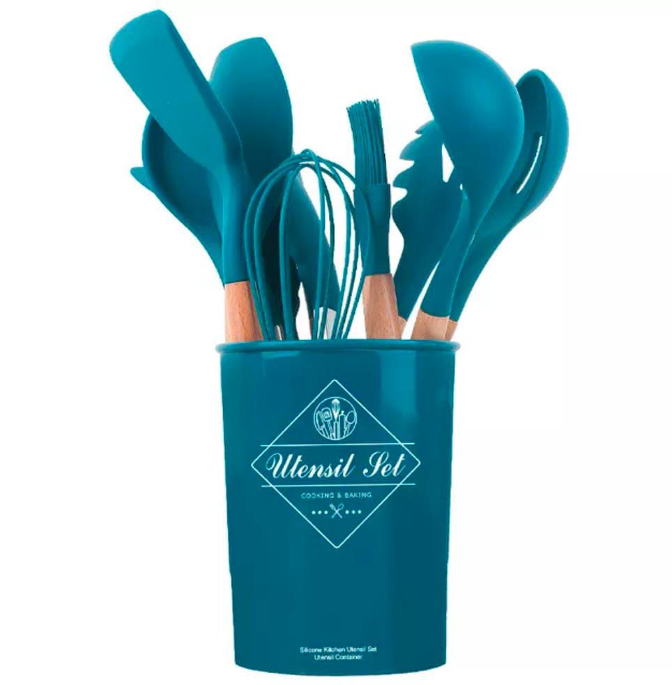 12 pcs set Wooden Handle Silicone Kitchen Utensils With Storage Bucket High Temperature Resistant And Non Stick Pot Spat