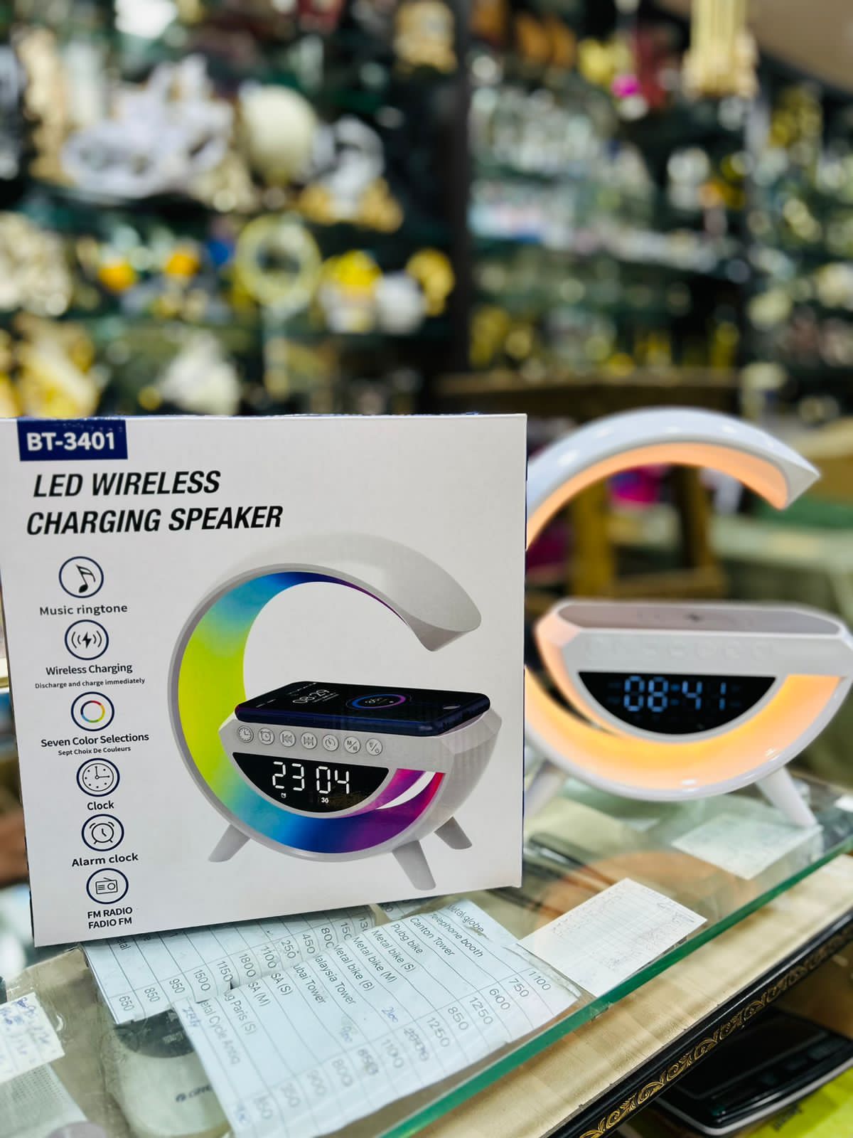 BT- 3401 Multi-functional LED Clock Display Speaker G Lamp | LED wireless charging speaker, G-shaped speaker light, Blue