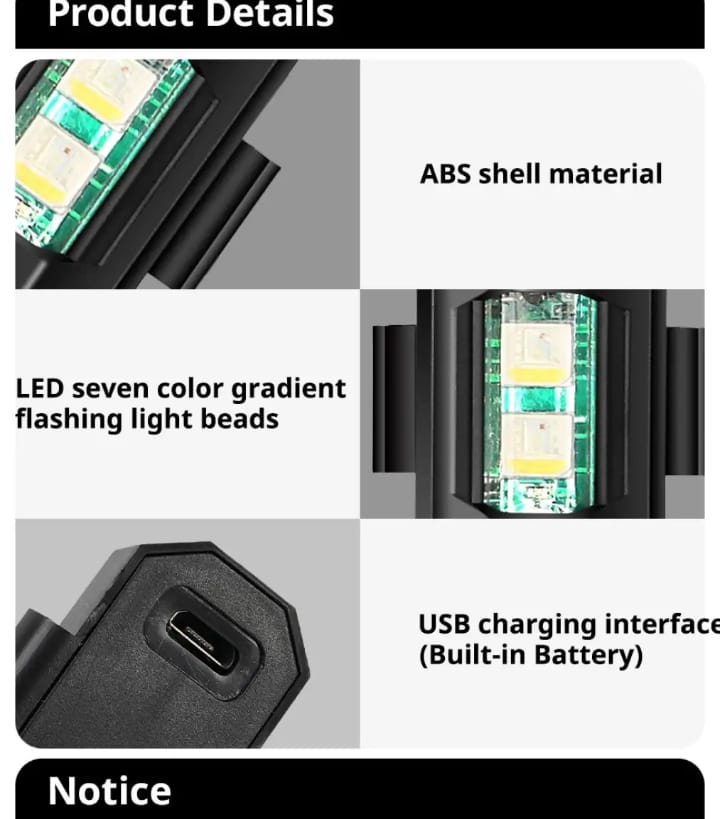 Universal Led Aircraft Strobe Lights Motorcycle Anti Collision Warning Light with USB Charging 7Colors Turn Signal Indic