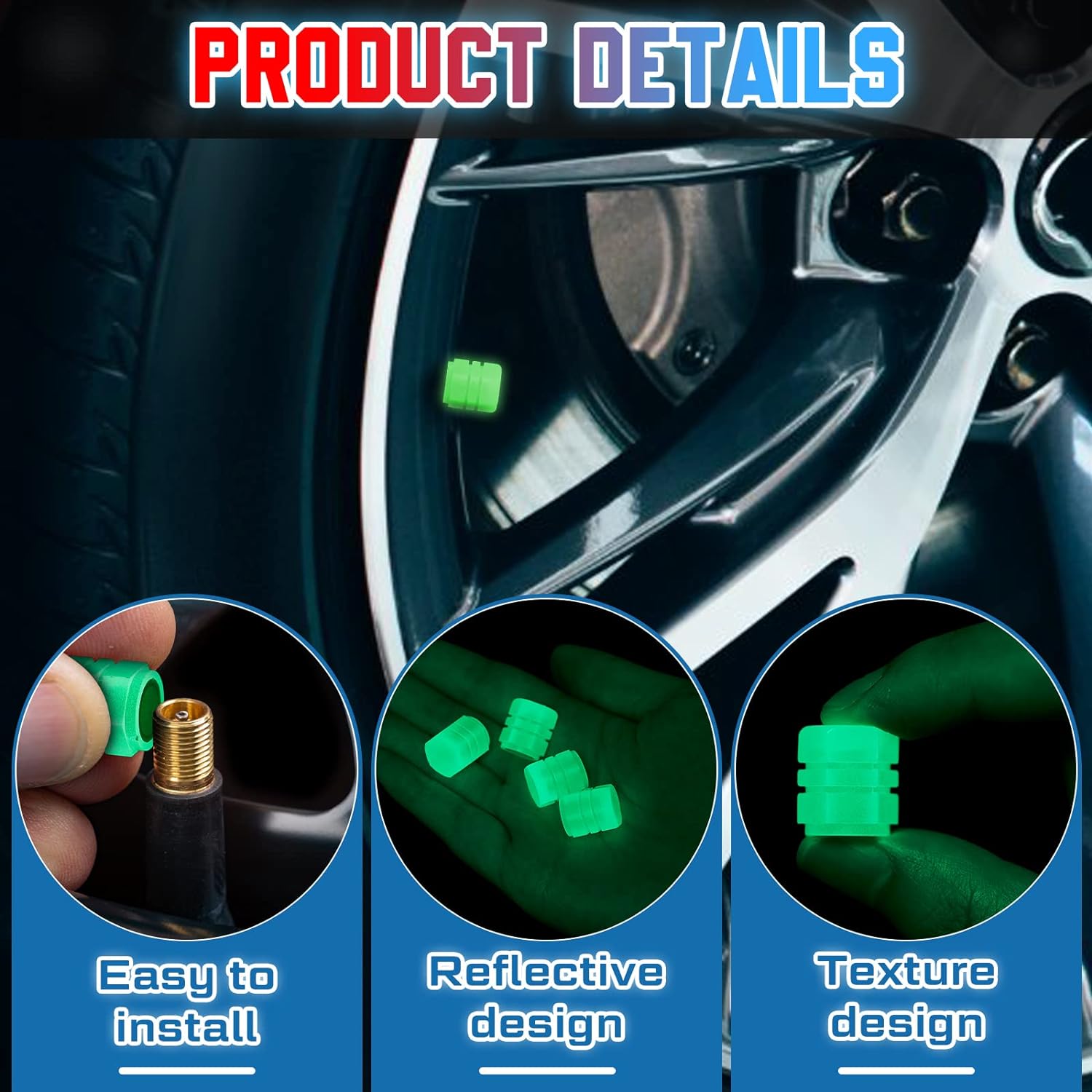 PACK OF TWO Glow in The Dark Tire Valve Caps Fluorescent Stem Car Universal Air Cap Auto Covers Cars Motorcycles SUV Tru