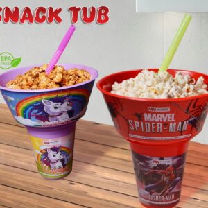 2 in 1 Snack Tub with Straw Glass For Kids Frozen Barbie Unicorn Encanto Roblox Characters For Kids (random color &