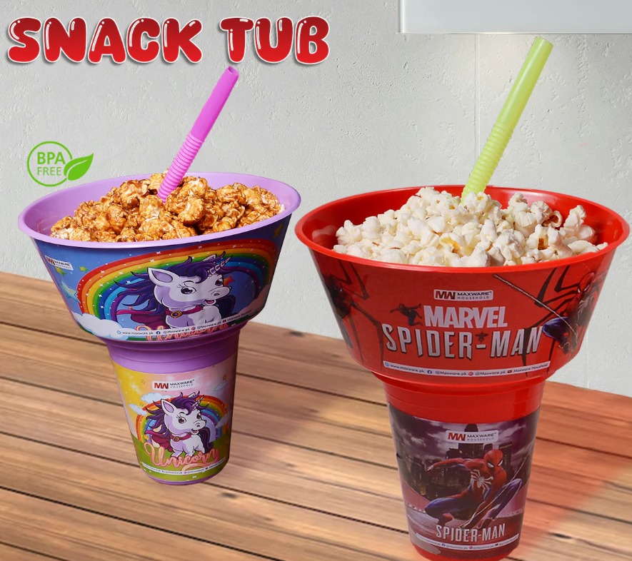 2 in 1 Snack Tub with Straw Glass For Kids Frozen Barbie Unicorn Encanto Roblox Characters For Kids (random color &