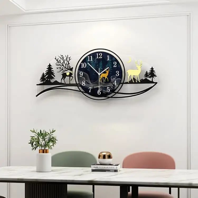 forest figure Deer 3d wood Wall clock blue jungle with light Fancy Clocks for Bedroom and Drawing Room(with light)