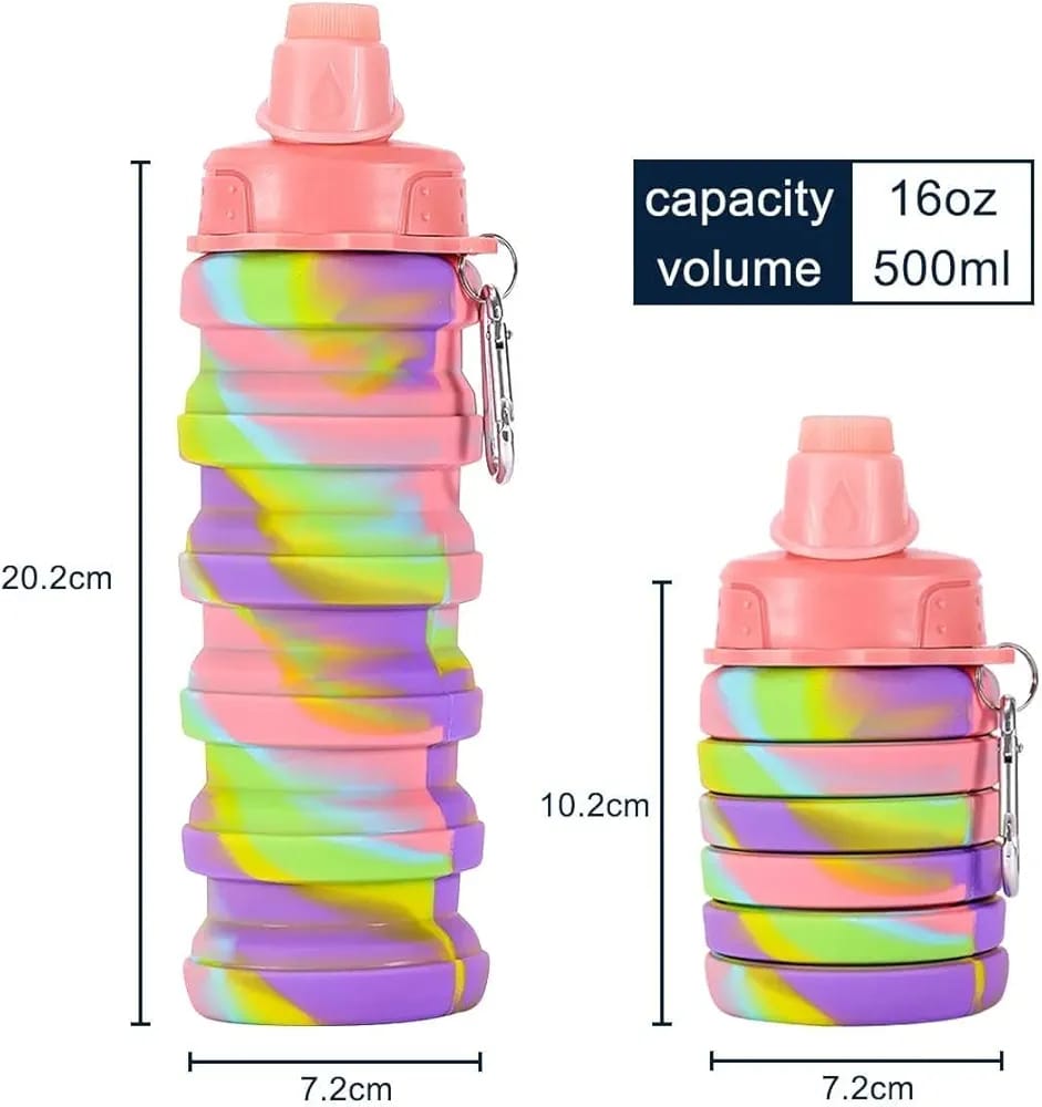 Expandable Silicone Sipper Water Bottle for Sports, Trekking, Cycling, Gym, School Water Bottle with Snap Hook 500 Ml (r