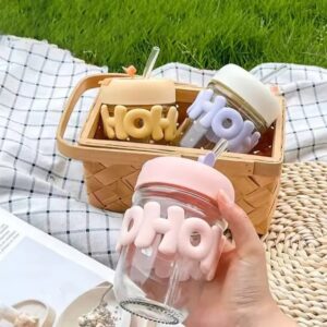 Trendy Pearl Handle Glass Water Bottle with Straw (Random Color)