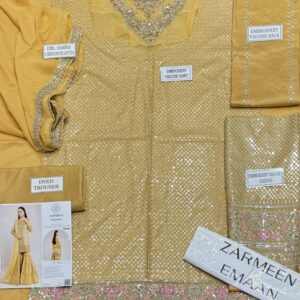 Zarmeen Emaan Artical-945 Fancy Embroidered Shirt Front Back Sleeves Neckline And Daman Patch With Viscose Trouser And Pure Bamber Dupatta